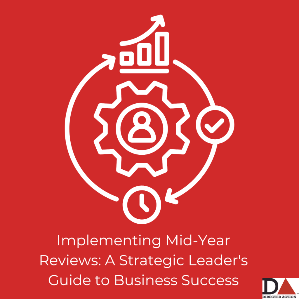 A white graphic on a red background with a person in the middle of a gear surrounded by a cycle through an upward trending bar graph, to a check mark, to a clock indicating the outcomes of a mid-year review.