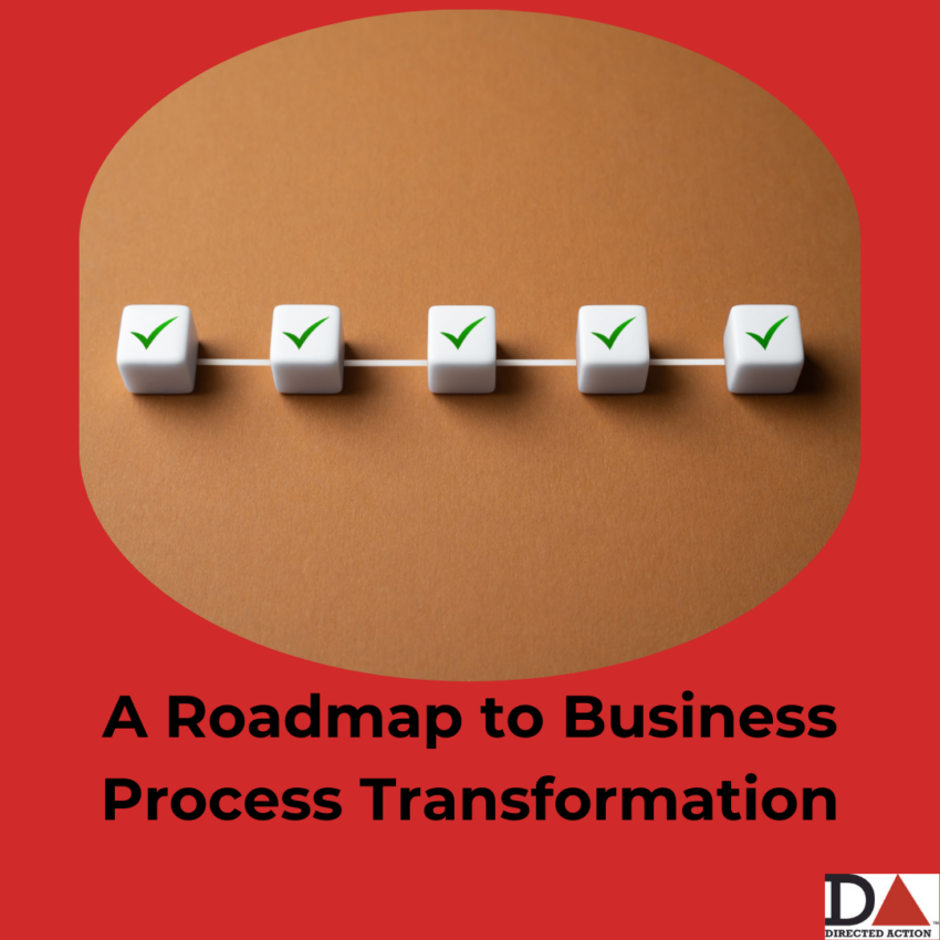 In the picture a set of check marks lined are lined up on a brown background in an oval. They are laid over a red background and in black text at the bottom it says A Roadmap to Business Process Transformation