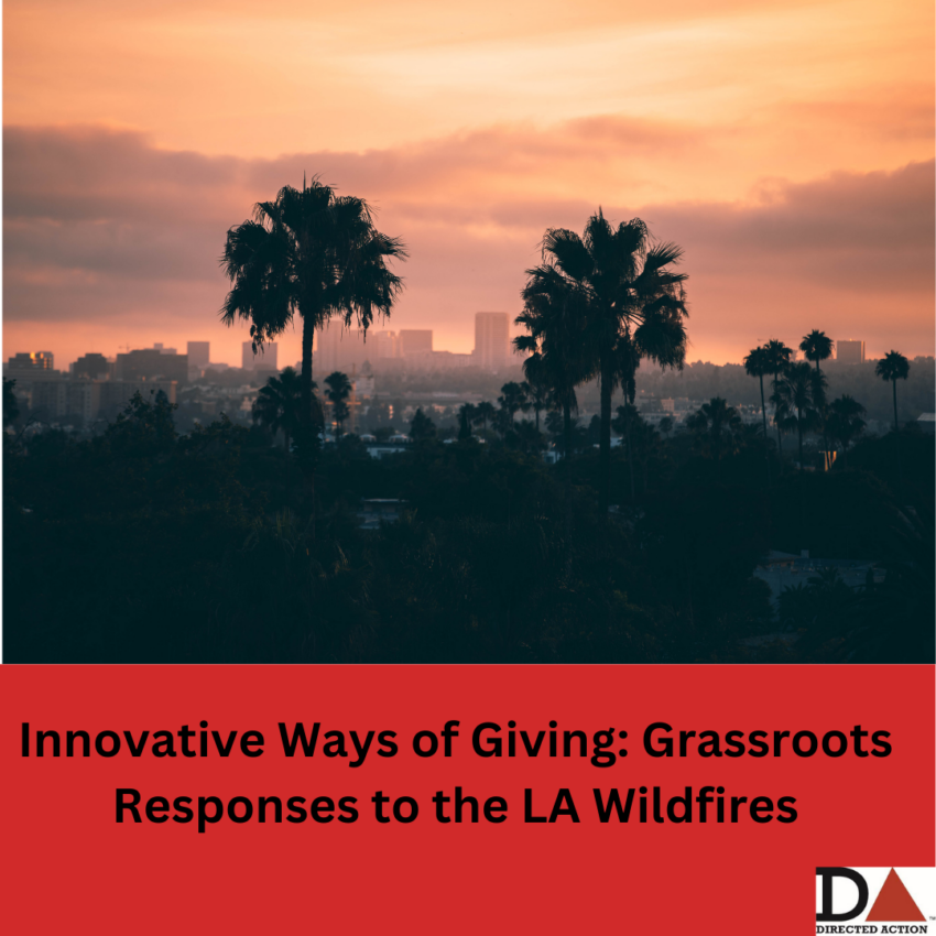 Palm trees silhouetted against a hazy sky in LA with the words: Innovative Ways of Giving: Grassroots Responses to the LA Wildfires